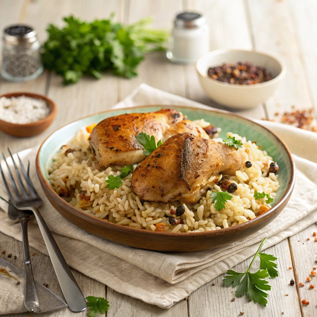 Golden-brown chicken thighs served on a bed of fluffy, herb-infused rice in a baking dish, garnished with fresh parsley. A cozy and inviting dinner setting with scattered herbs and a linen napkin in the background