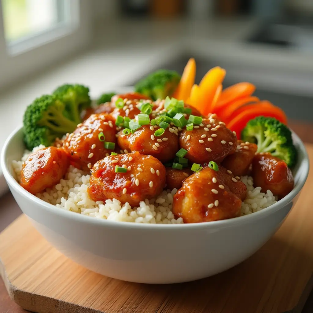 Honey Chicken Rice Bowl with crispy glazed chicken and rice