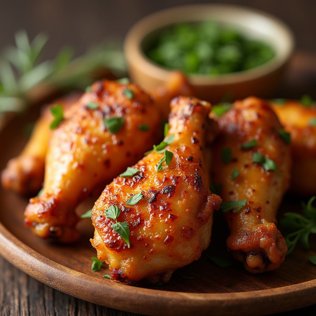 Crispy baked turkey wings on a wooden plate